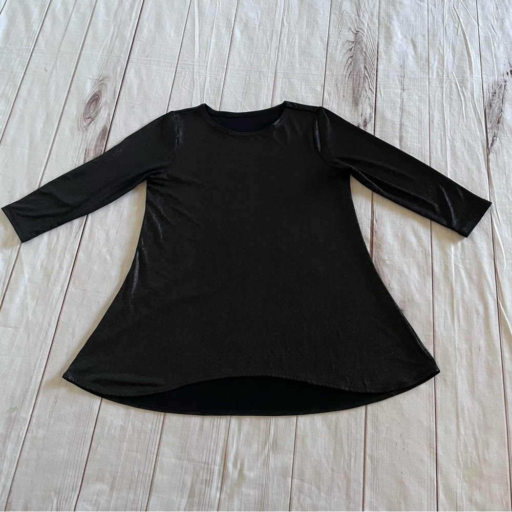 Shimmer Scoop Neck Tunic Blouse Womens S Black Liquid Knit Hi Low 3/4 Sleeve EUC - Picture 7 of 10